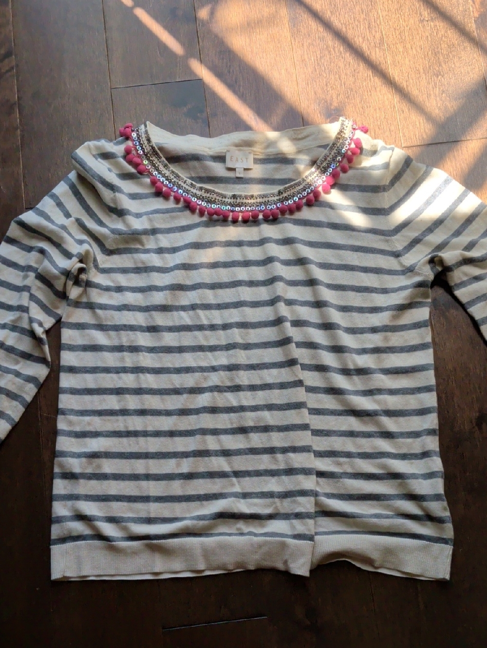 East 5th Cream and‎ Gray Striped Sweater with Pink Pom Necklace Trim